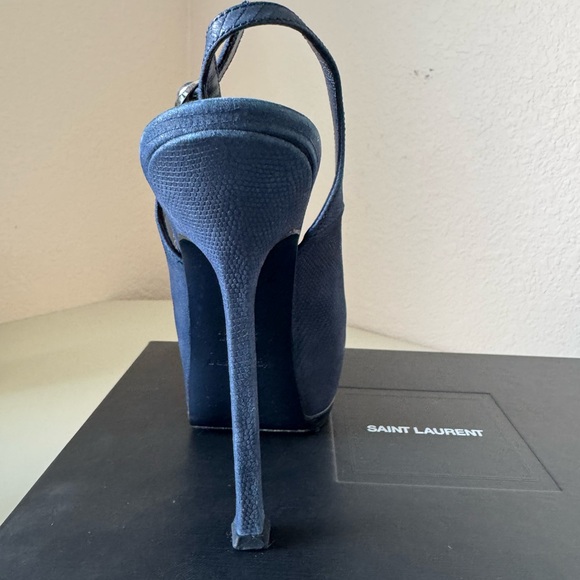 Saint Laurent Navy Blue Suede Tribtoo Slingback Heels 105mm - Picture 6 of 15